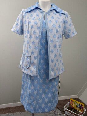 Vintage 60s Fashion Wagon 2-Piece Mod Dress Blue & White Floral Dagger Collar L